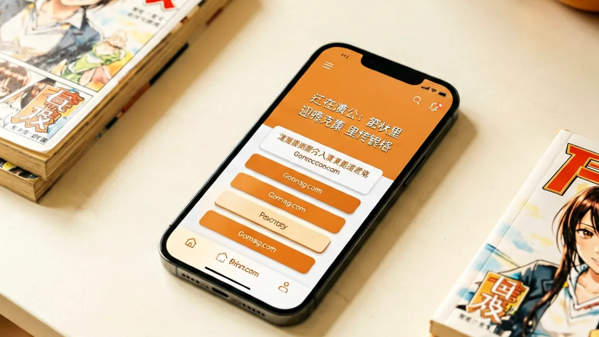 暖橙色手机屏幕上显示禁漫天堂网页的访问入口界面，旁边散落着几本漫画书，米白色桌面上光线柔和