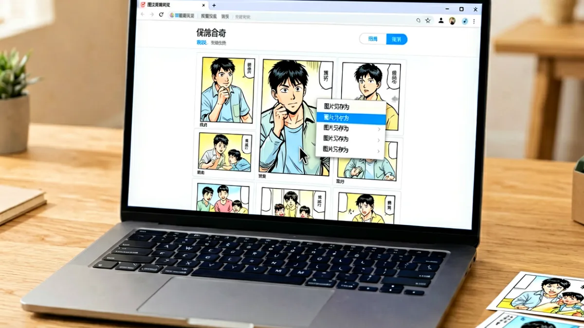 电脑屏幕展示禁漫天堂网页界面，用户正在使用浏览器右键菜单保存漫画图片到本地桌面，桌面上已有多张漫画图片文件
