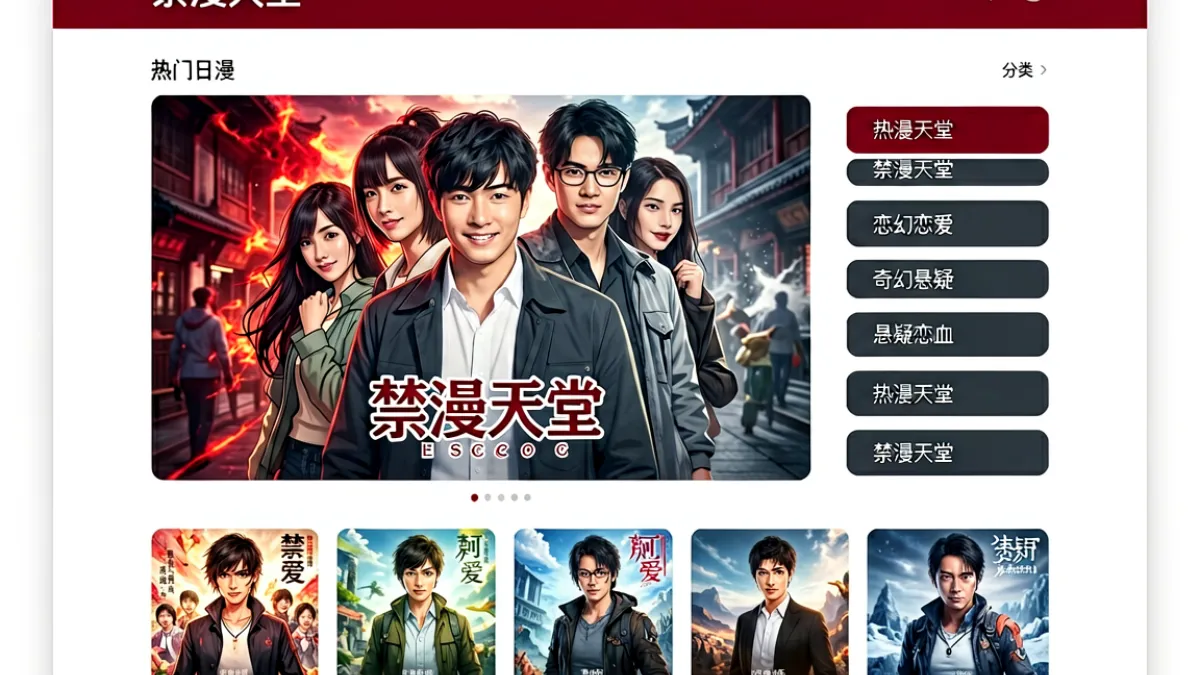 禁漫天堂网页首页界面展示：左侧为热门作品轮播区，右侧为分类导航栏，整体采用深红与深灰配色，界面简洁清晰